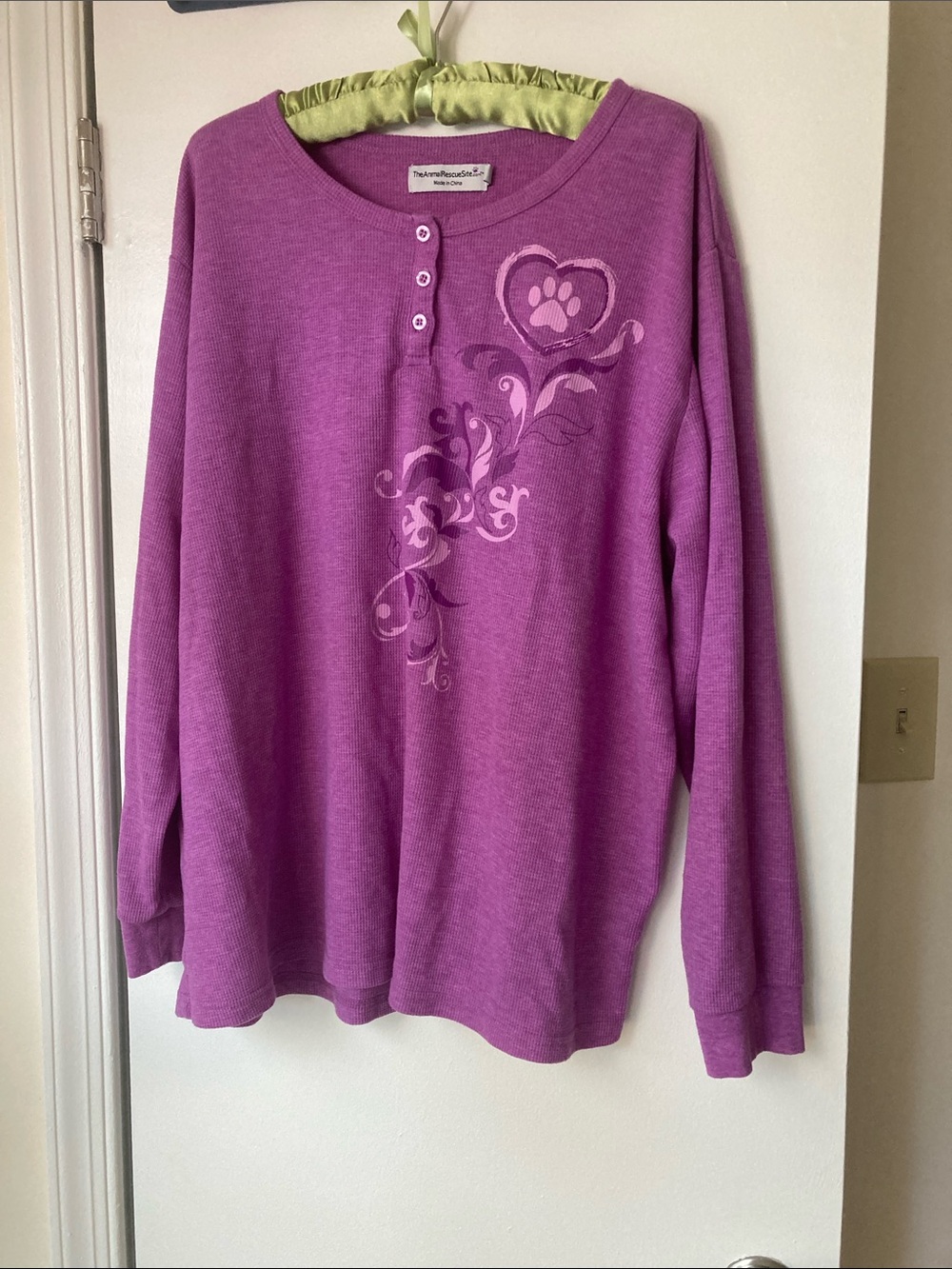 Purple Paw Print Henley Long Sleeve Waffle Top